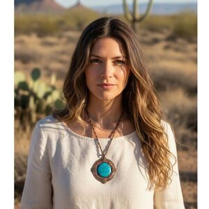 Vintage Bell Trading Post Large Copper & Turquoise Statement Pendant Necklace